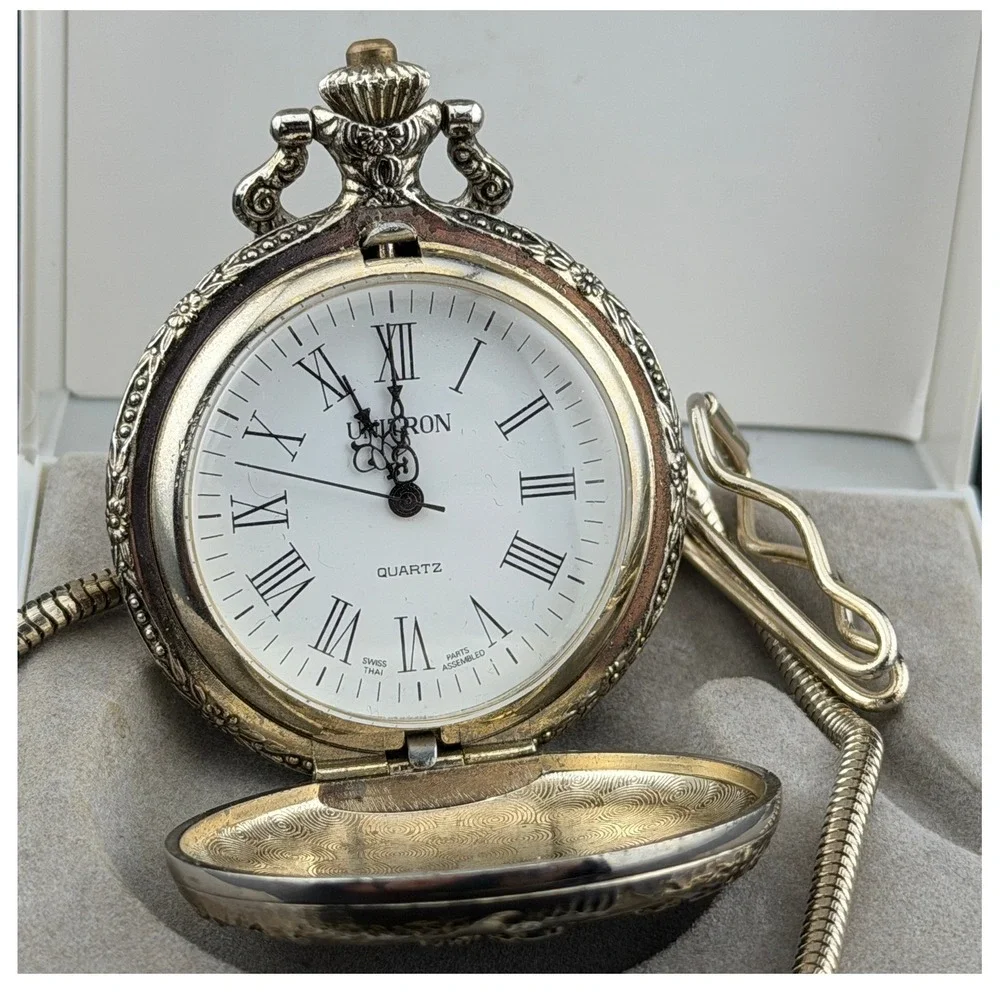 Unitron Quartz Pocket Watch: Silver Tone, Ornate Equestrian Hunter, for Repair